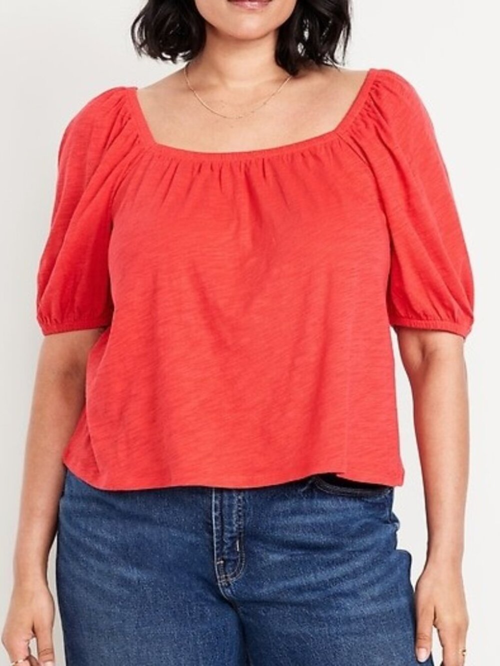 Old Navy Puff Sleeve Square Neck Top Slub Knit Cotton Coral Size Medium Petite